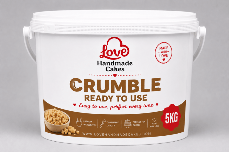Crumble cake mix in a bowl with oat crumble topping.