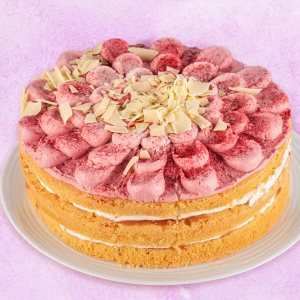 Layered raspberry sponge cake with pink buttercream
